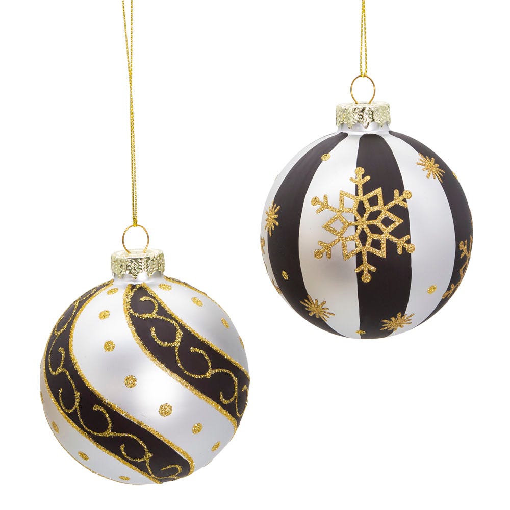 Kurt Adler 80 MM Silver/ Black/ Gold Glass Balls, 6-Piece Set